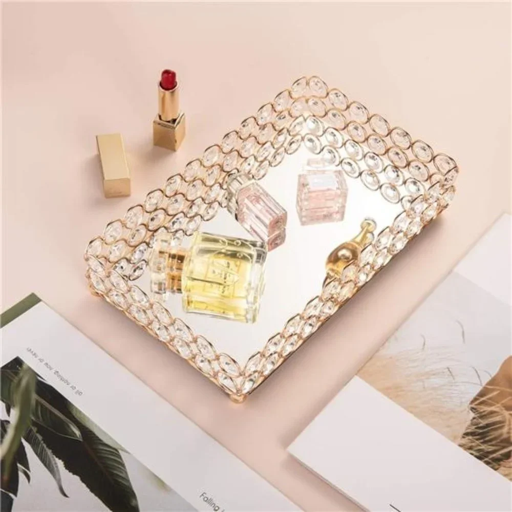 Crystal Mirrored Cosmetic Tray Vanity Rectangle Jewelry Trinket Organizer Tray